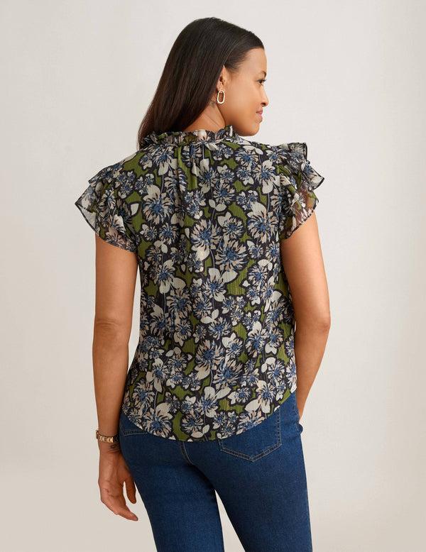 Anne Klein Ruffle Sleeve Tie Blouse Bay Leaf/Anne Wht Mlt