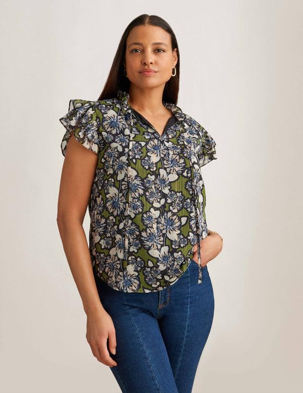 anne klein Ruffle Sleeve Tie Blouse Bay Leaf/Anne Wht Mlt