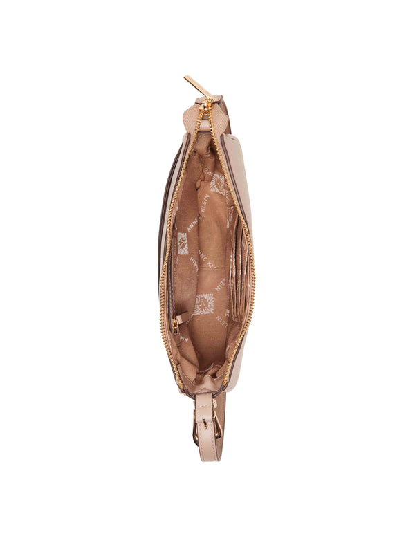 Anne Klein Sculpted Buckle Half Moon Crossbody Timeless Taupe