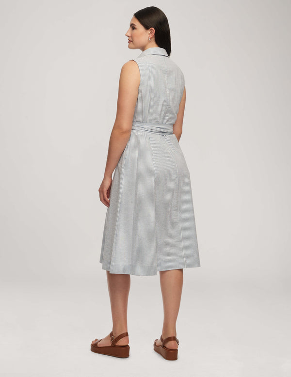 Anne Klein Seersucker Sleeveless Shirt Dress- Sale Ocean Sky/Bright White