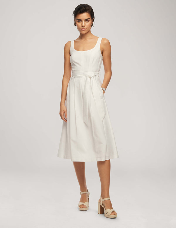 anne klein Seersucker Topsitch Midi Dress With Pleats- Sale Bright White