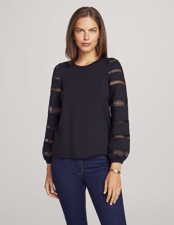 anne klein Serenity Knit Lace Sleeve Tee- Sale Anne Black