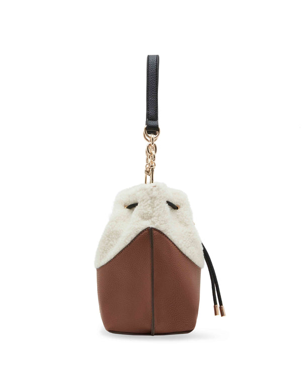 Anne Klein Sherpa Bucket With Branded Push Lock Closure Chestnut/ Black/ Cream