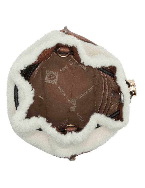 Anne Klein Sherpa Bucket With Branded Push Lock Closure Chestnut/ Black/ Cream