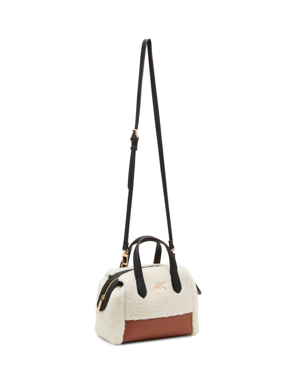 Anne Klein Sherpa Mini Satchel With Mini Pouch Chestnut/ Black/ Cream