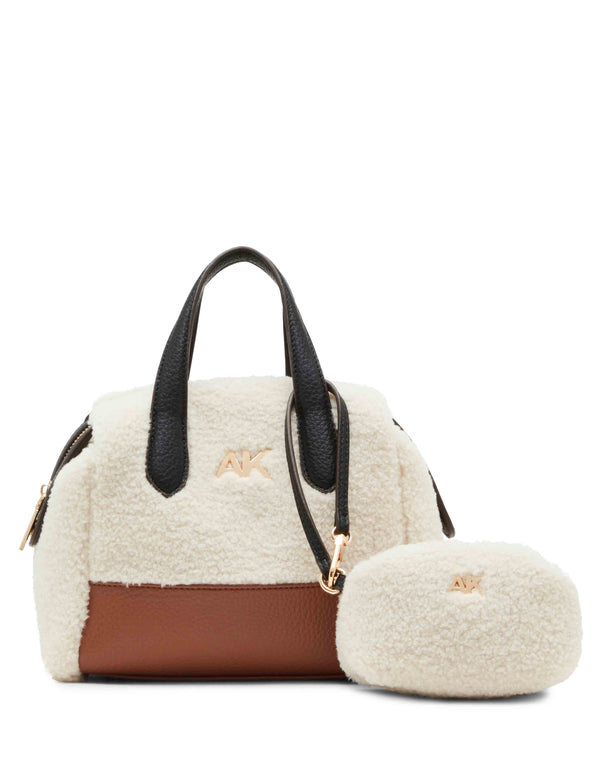 anne klein Sherpa Mini Satchel With Mini Pouch Chestnut/ Black/ Cream
