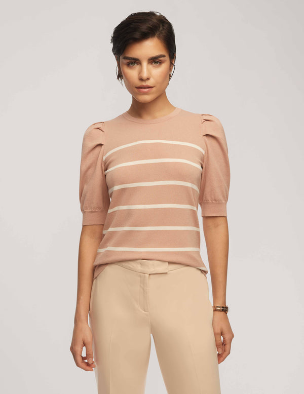 anne klein Short Puff Sleeve Crew Neck With Stripes Cameo Pink/Anne White