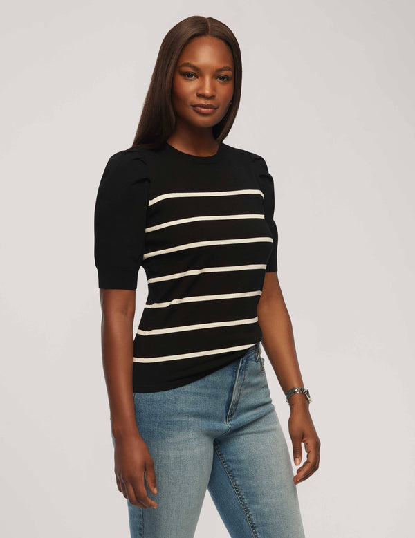anne klein Short Puff Sleeve Crew Neck With Stripes- Sale Anne Black/Anne White