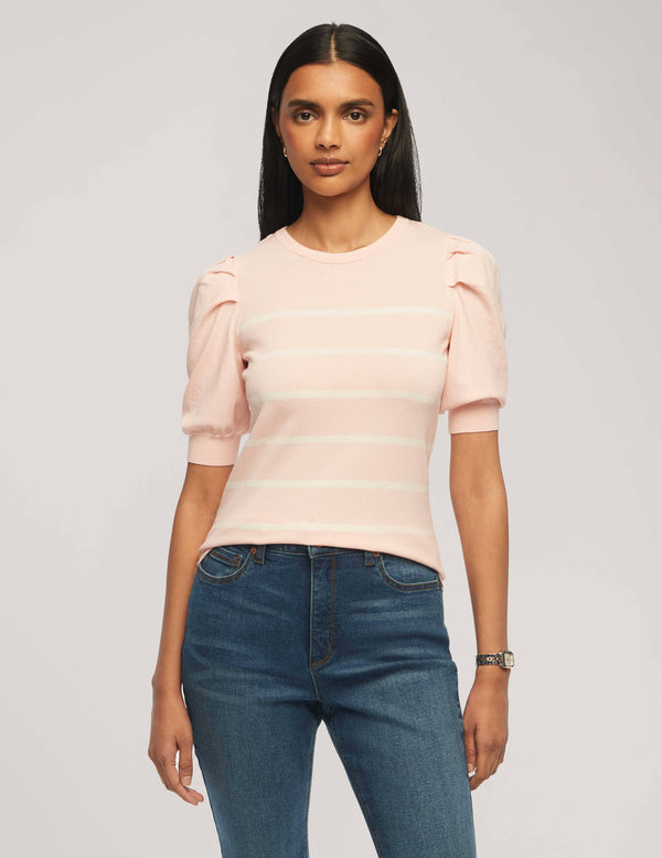 anne klein Short Puff Sleeve Crew Neck With Stripes- Sale Cherry Blossom/Anne White