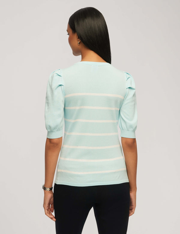 Anne Klein Short Puff Sleeve Crew Neck With Stripes- Sale Ocean Sky/Bright White