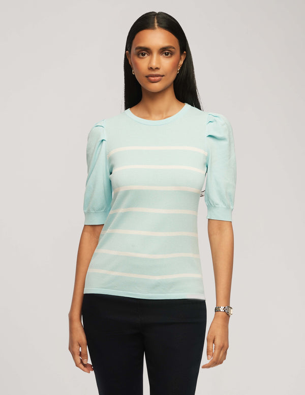 anne klein Short Puff Sleeve Crew Neck With Stripes- Sale Ocean Sky/Bright White