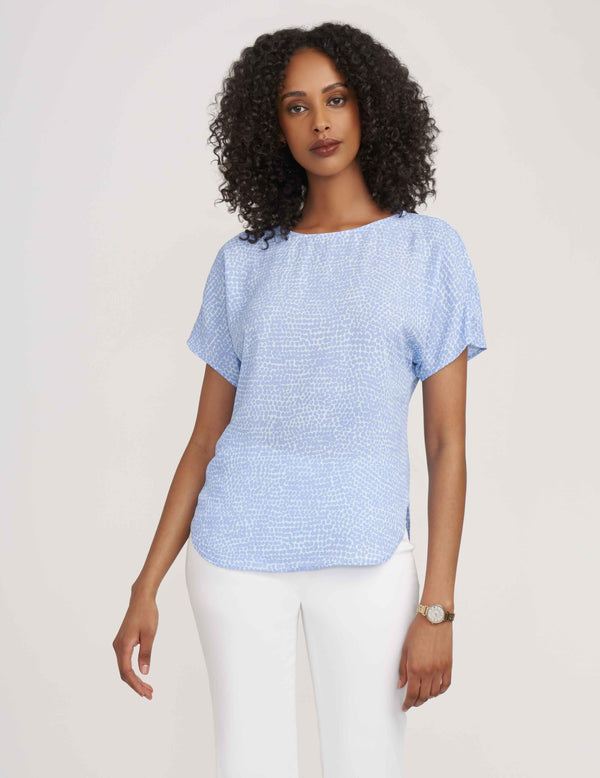 Anne Klein Short Sleeve Bateau Blouse- Sale Ocean Sky/Blue Lily