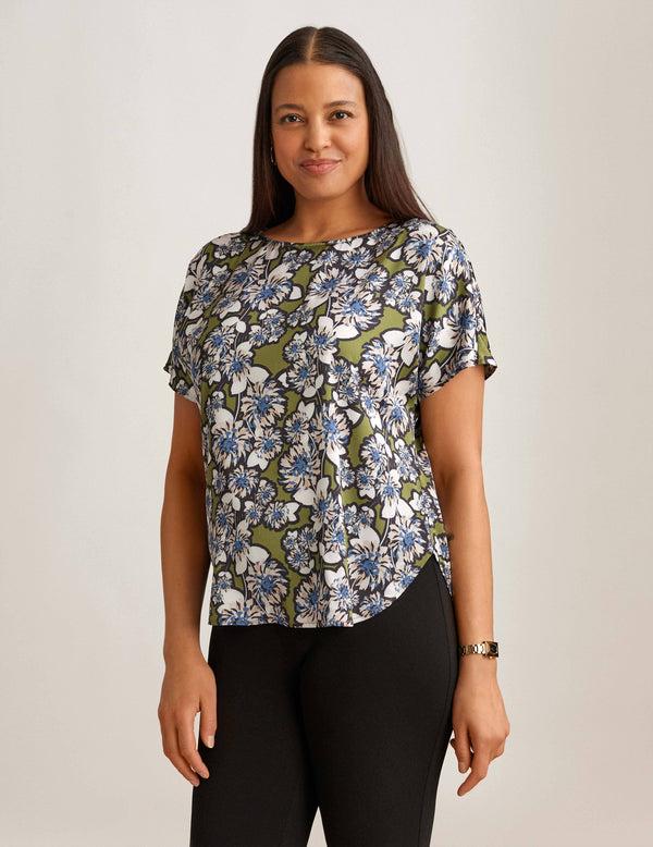 anne klein Short Sleeve Blouse With Bateau Neckline Bay Leaf/Anne Wht Mlt