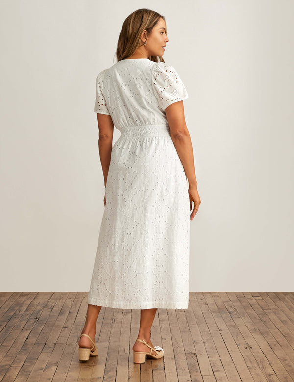 Anne Klein Short Sleeve Eyelet Midi Dress Pearl White