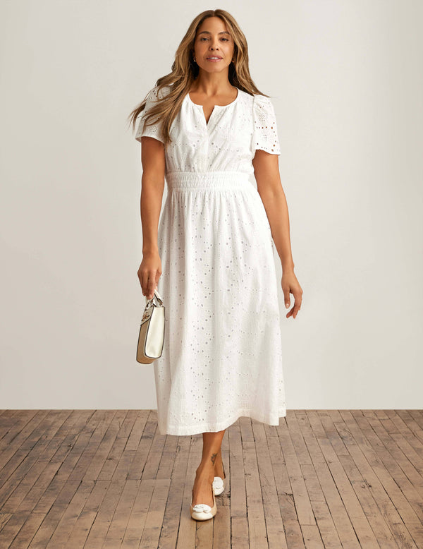 anne klein Short Sleeve Eyelet Midi Dress Pearl White