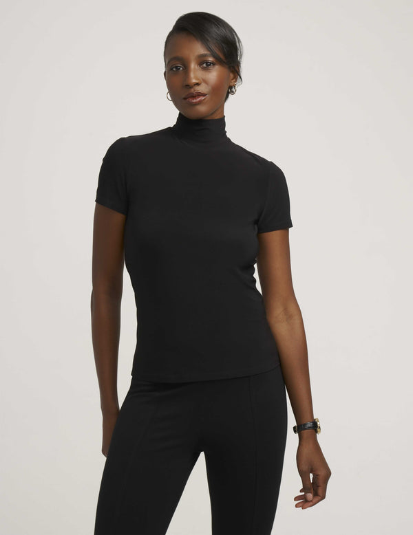 Anne Klein Short Sleeve Mock Neck Knit Top- Sale Anne Black
