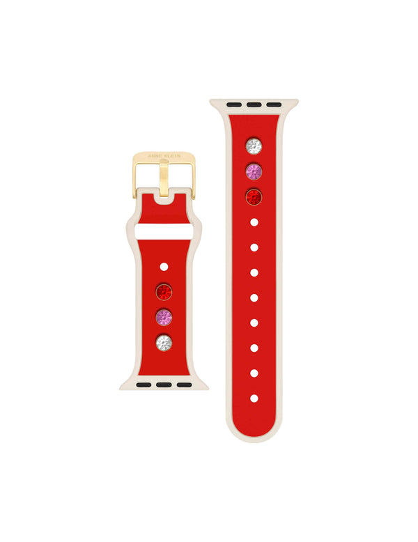 Anne Klein Silicone Band For Apple Watch® With Crystal Charms Red/Cream/Gold-Tone