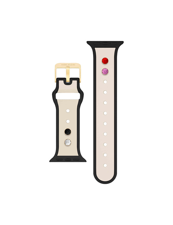 Anne Klein Silicone Band For Apple Watch® With Crystal Charms White/Black/Gold-Tone