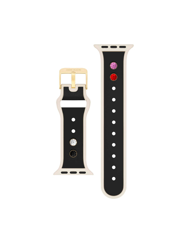 Anne Klein Silicone Band For Apple Watch® With Crystal Charms Black/Gold-Tone