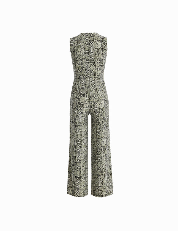 Anne Klein Sleeveless Classic Wrap Jumpsuit Olive Palm Multi