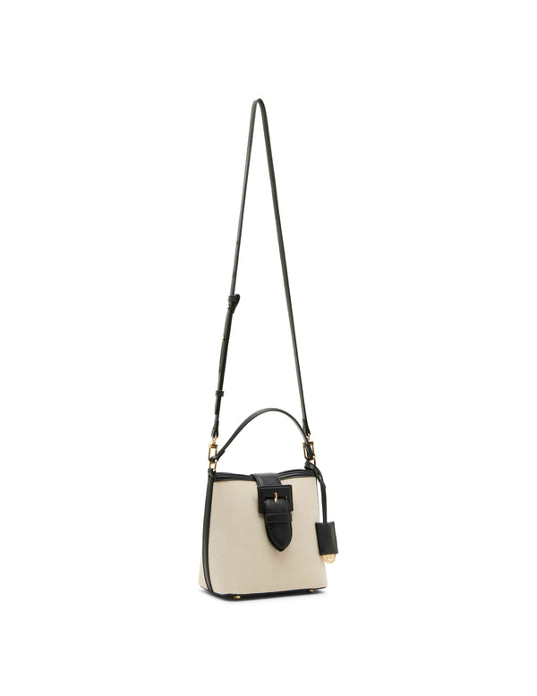 Anne Klein Small Covered Buckle Canvas Bucket With Convertible Strap Tan-Cream/Black