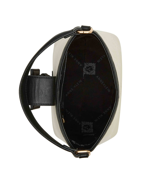 Anne Klein Small Covered Buckle Canvas Bucket With Convertible Strap Tan-Cream/Black