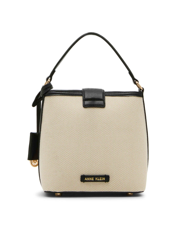 Anne Klein Small Covered Buckle Canvas Bucket With Convertible Strap Tan-Cream/Black