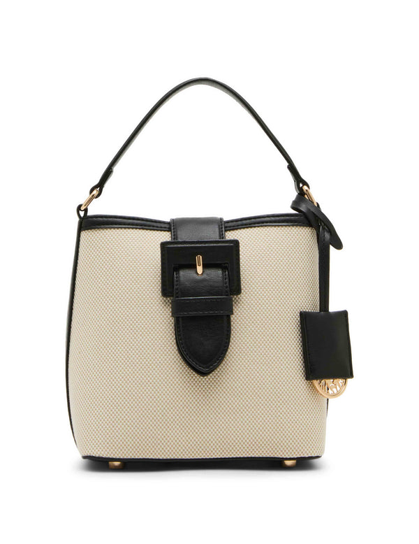 anne klein Small Covered Buckle Canvas Bucket With Convertible Strap Tan-Cream/Black