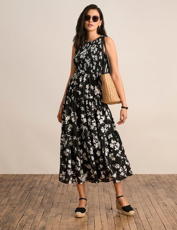 anne klein Smocked Bodice Maxi Dress Anne Black/Bright White