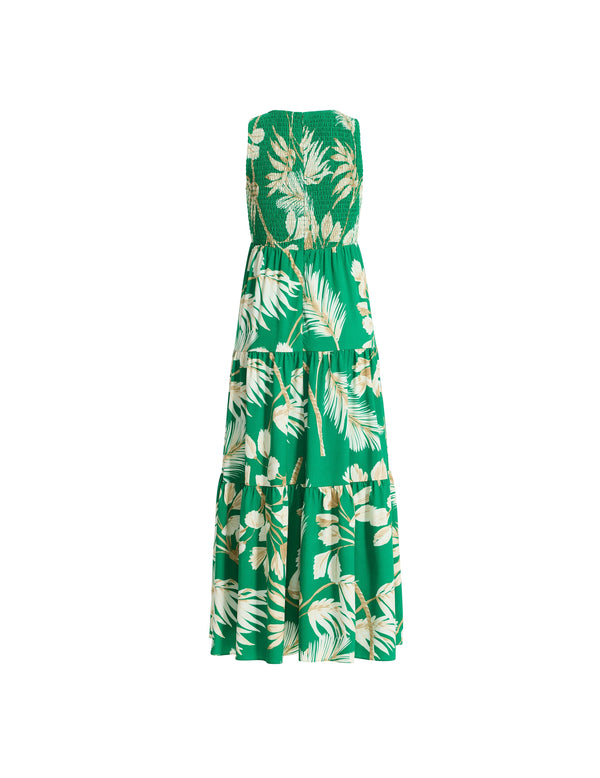 Anne Klein Smocked Bodice Tiered Midi Dress Tropical Green Multi