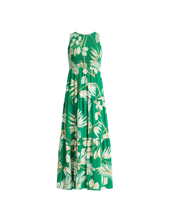 anne klein Smocked Bodice Tiered Midi Dress Tropical Green Multi