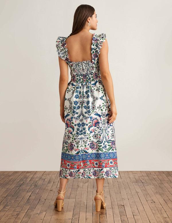 Anne Klein Smocked Ruffle Sleeve Midi Dress Pearl White/ Red Multi