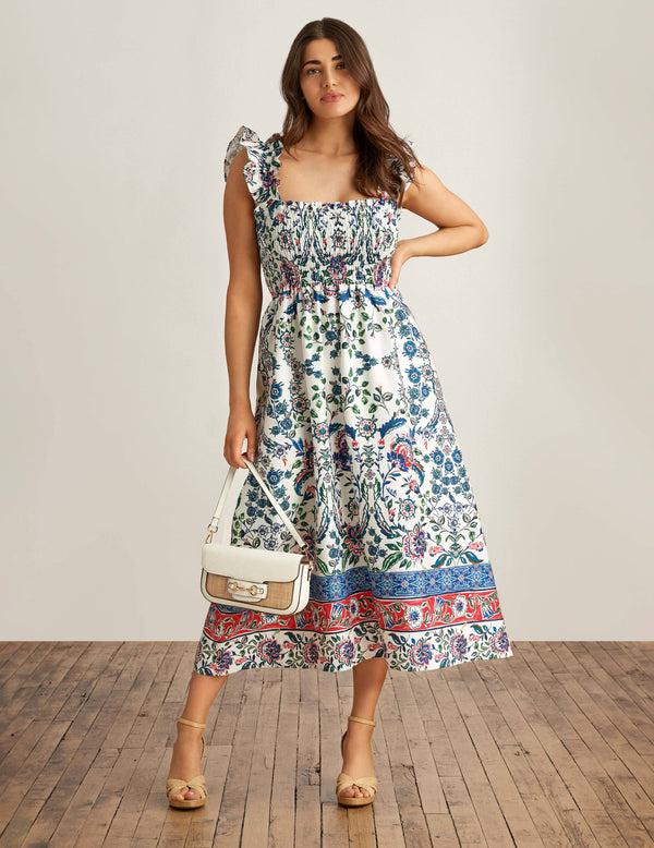 anne klein Smocked Ruffle Sleeve Midi Dress Pearl White/ Red Multi