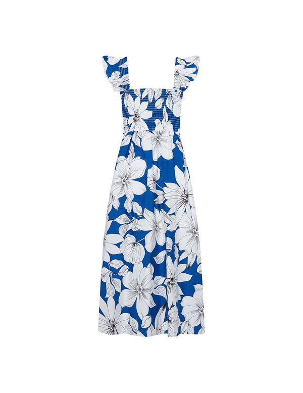 Anne Klein Smocked Ruffle Tiered Midi Dress Palace Blue Multi