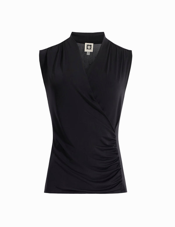 anne klein Solid Ity Shirred Surplice Top Anne Black
