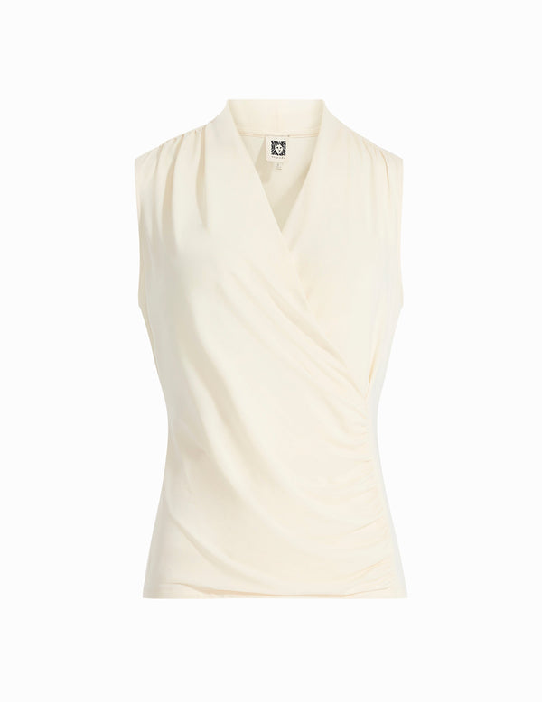anne klein Solid Ity Shirred Surplice Top White Dove