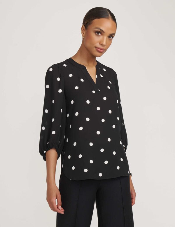 Anne Klein Split Neck High Low Long Sleeve Blouse- Sale Anne Black/ Bright White