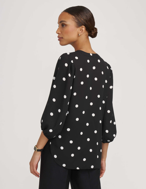 Anne Klein Split Neck High Low Long Sleeve Blouse- Sale Anne Black/ Bright White