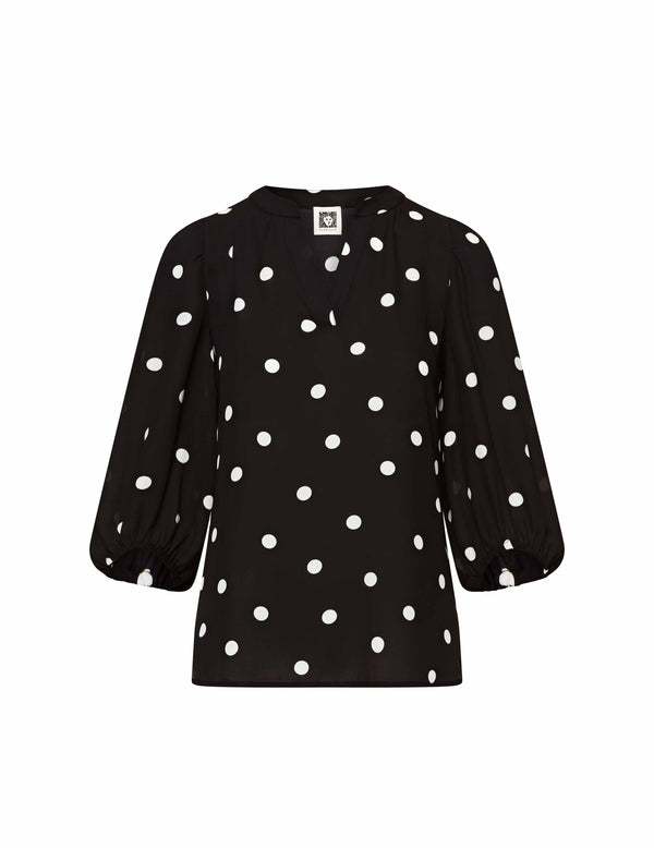 Anne Klein Split Neck High Low Long Sleeve Blouse- Sale Anne Black/ Bright White