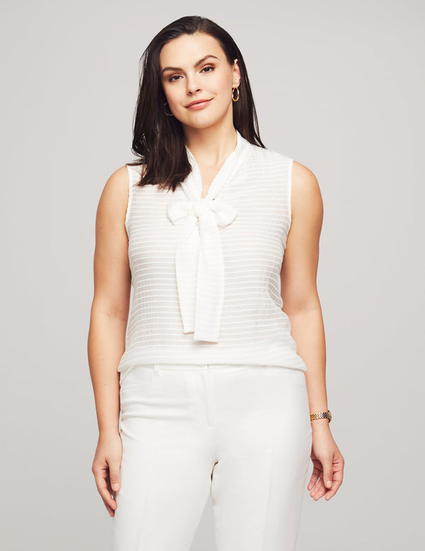 anne klein Textured Sleeveless Tie Neck Blouse Anne White
