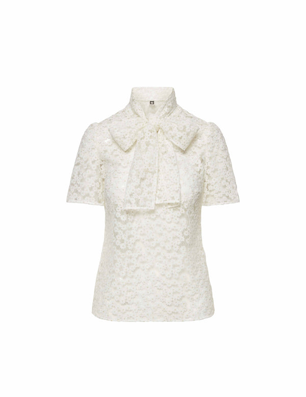 Anne Klein Tie Front Blouse With Lace Sleeves- Sale Bright White/Gold