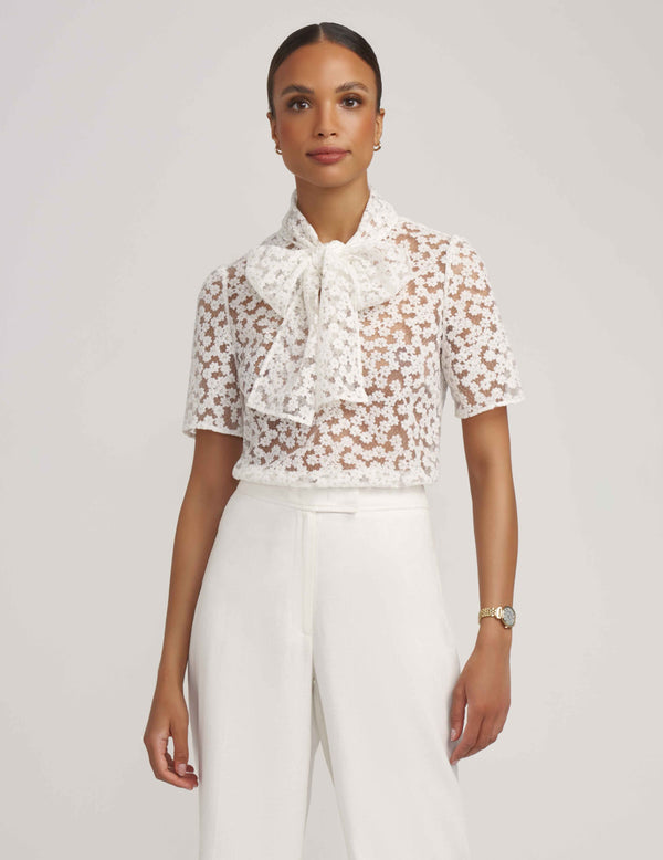 anne klein Tie Front Blouse with Lace Sleeves- Sale Bright White/Gold