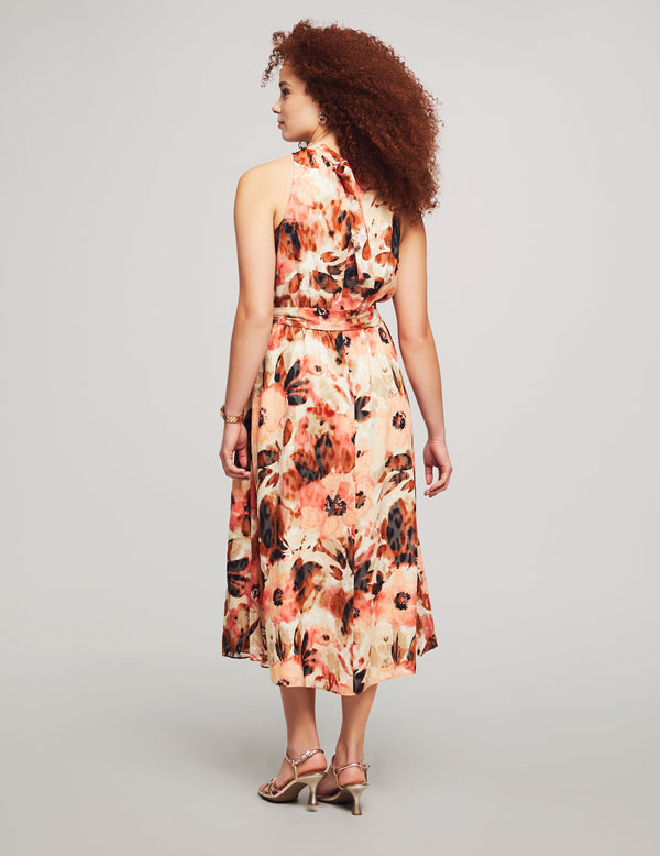 Anne Klein Tie Neck Halter Midi Dress- Sale Rose Clay/Chestnut Multi