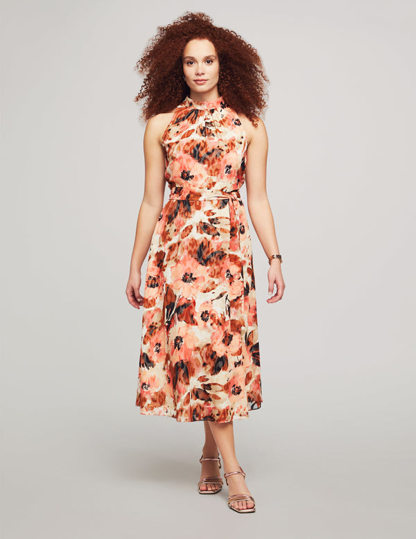 anne klein Tie Neck Halter Midi Dress- Sale Rose Clay/Chestnut Multi