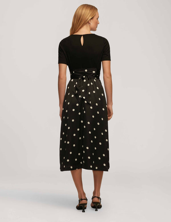 Anne Klein Tie Waist Satin & Serenity Mix Dress- Sale Anne Black/Anne White