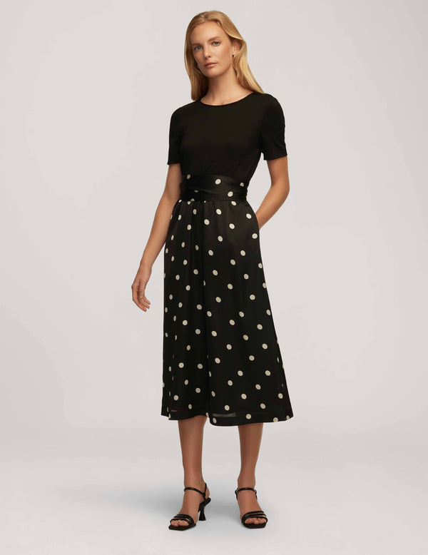 anne klein Tie Waist Satin & Serenity Mix Dress- Sale Anne Black/Anne White