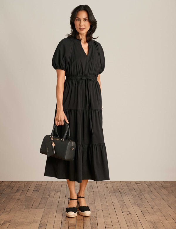 Anne Klein Tiered Puff Sleeve Midi Dress Anne Black