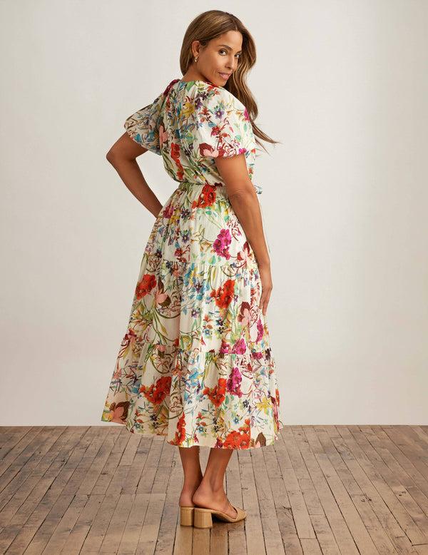 Anne Klein Tiered Puff Sleeve Midi Dress Egret Multi