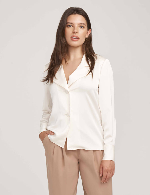 Anne Klein Two Button Notch Collar Oversized Blouse- Sale Anne White