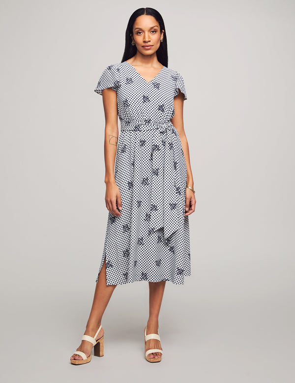 anne klein V-Neck Midi Dress With Flutter Sleeve- Sale Distant Mountain/Bright White